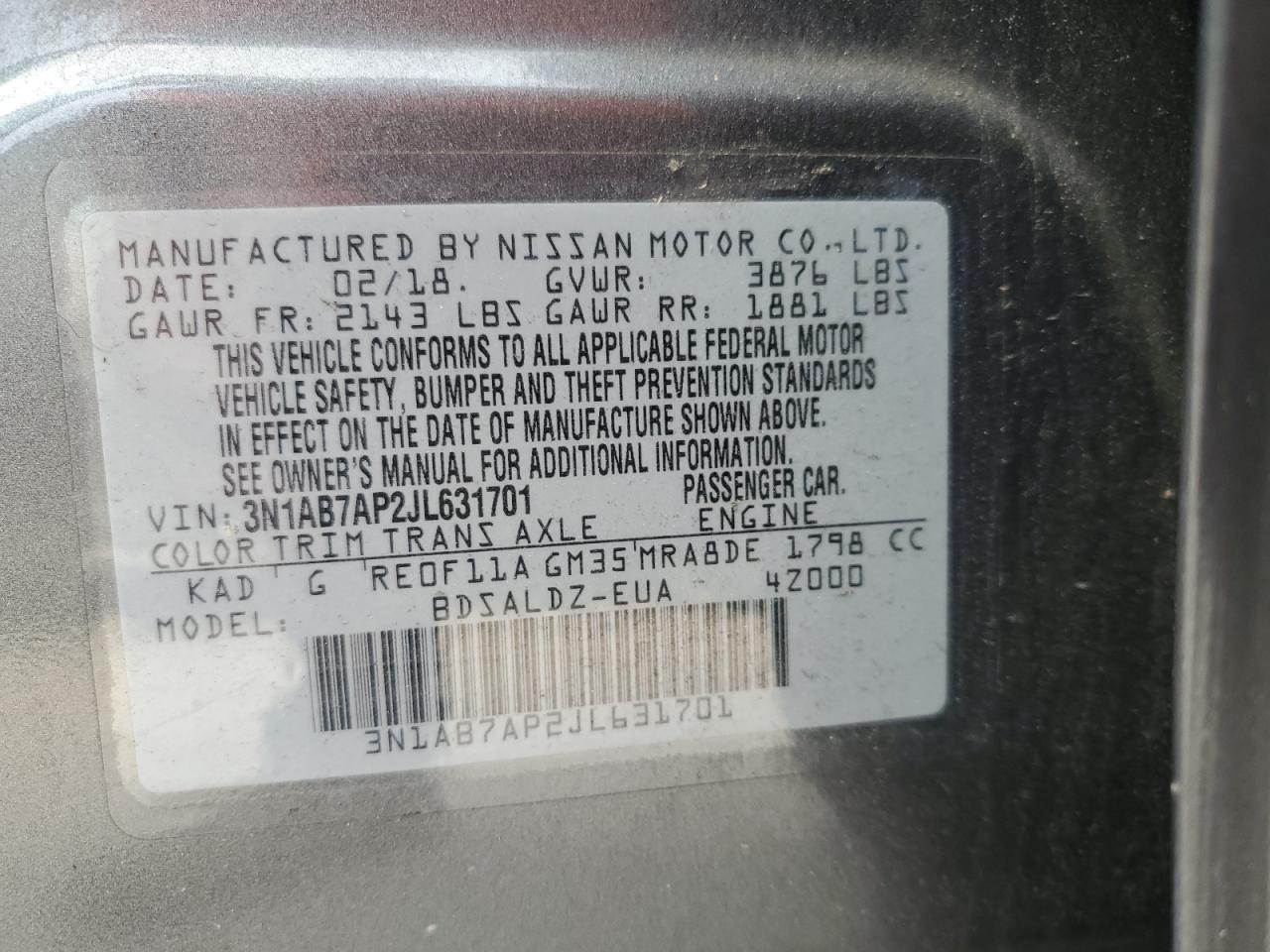 3N1AB7AP2JL631701 2018 Nissan Sentra S