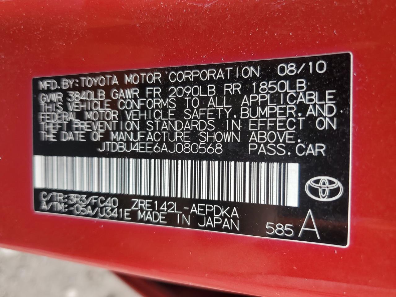 2010 Toyota Corolla Base VIN: JTDBU4EE6AJ080568 Lot: 73719454