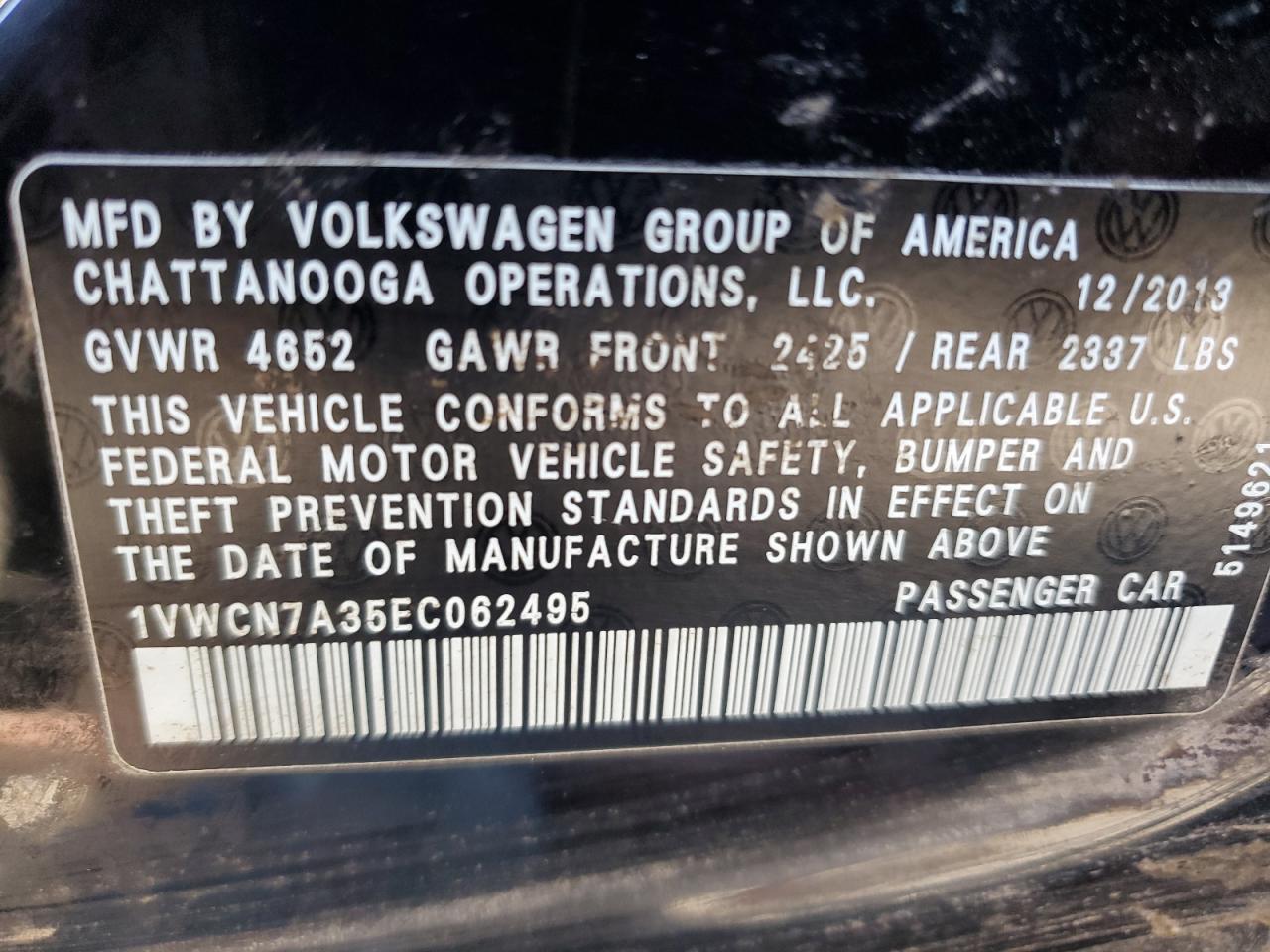 1VWCN7A35EC062495 2014 Volkswagen Passat Sel