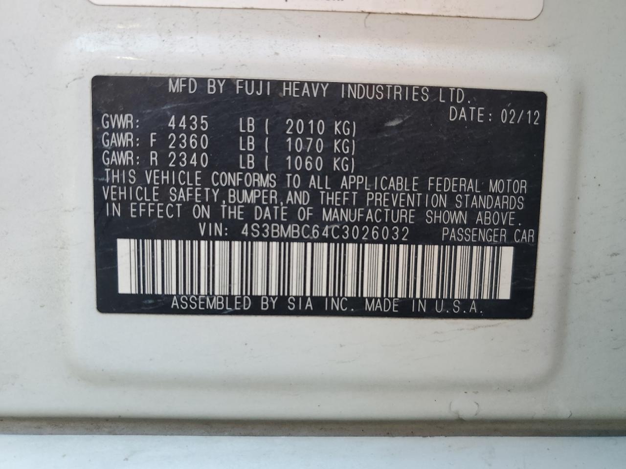 2012 Subaru Legacy 2.5I Premium VIN: 4S3BMBC64C3026032 Lot: 73591364