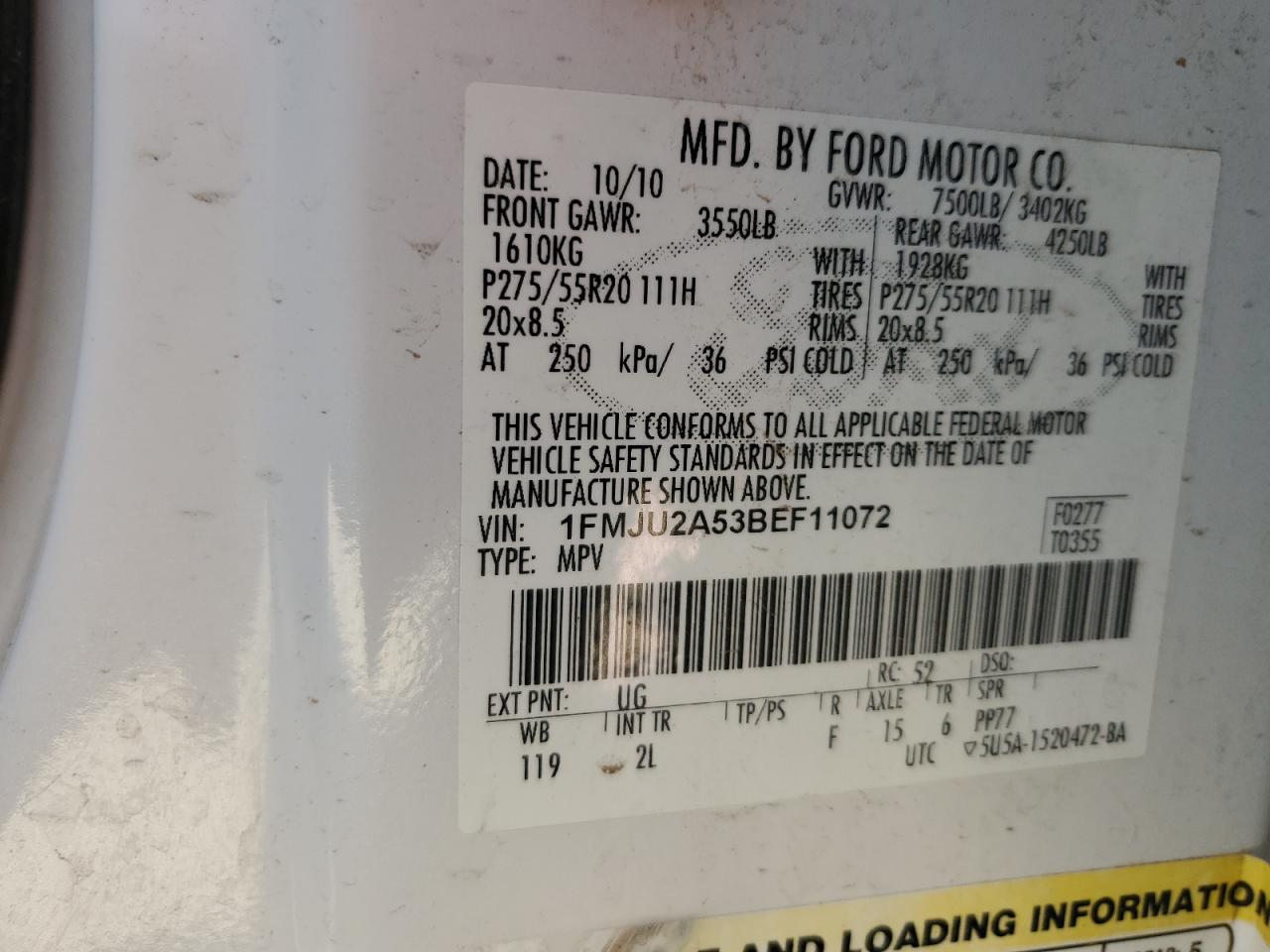 2011 Ford Expedition Limited VIN: 1FMJU2A53BEF11072 Lot: 52487505