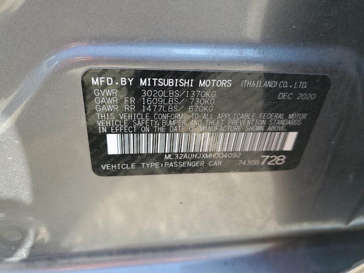 2021 Mitsubishi Mirage Es VIN: ML32AUHJXMH004092 Lot: 75253954