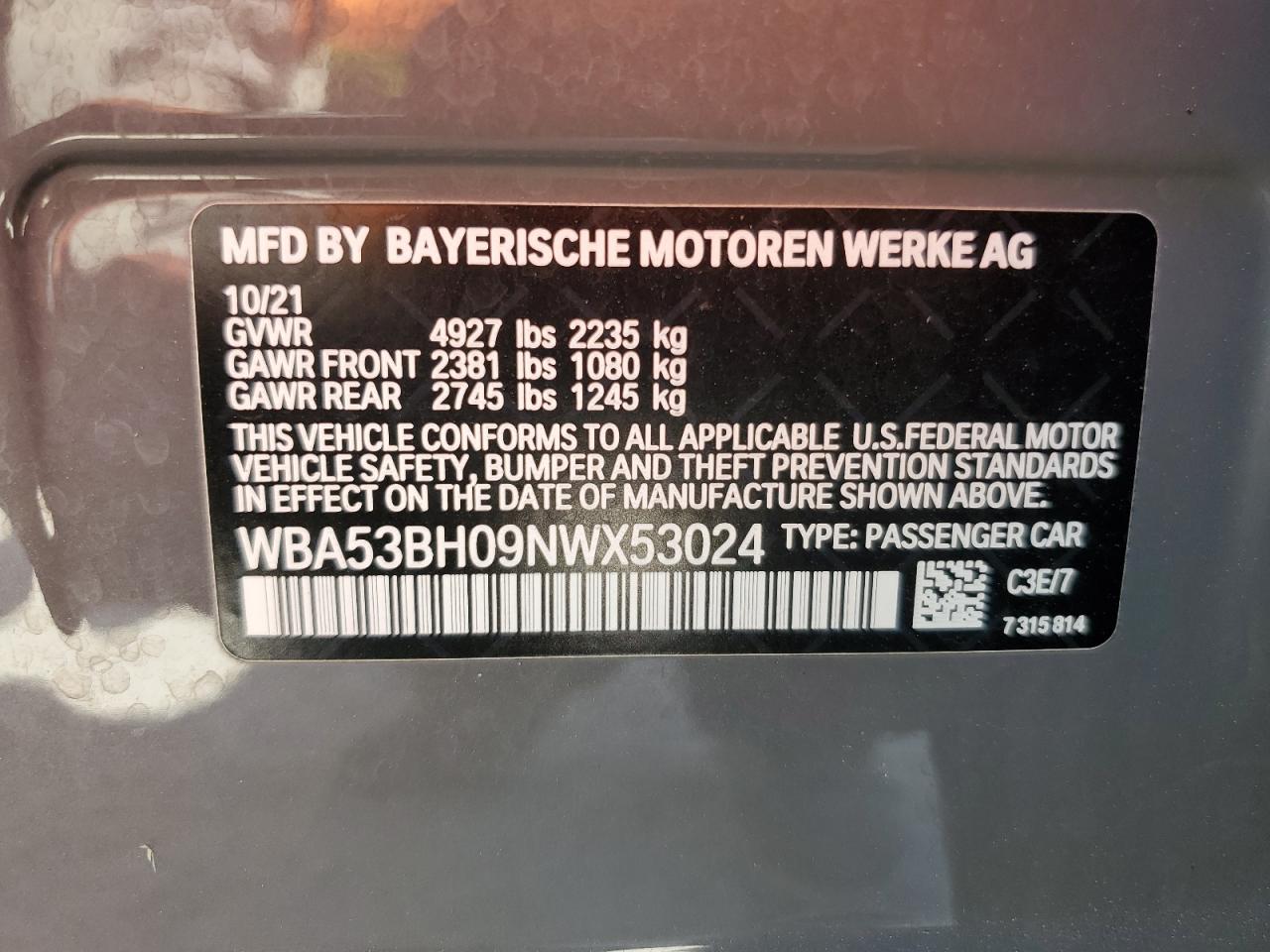 2022 BMW 530 I VIN: WBA53BH09NWX53024 Lot: 75998364