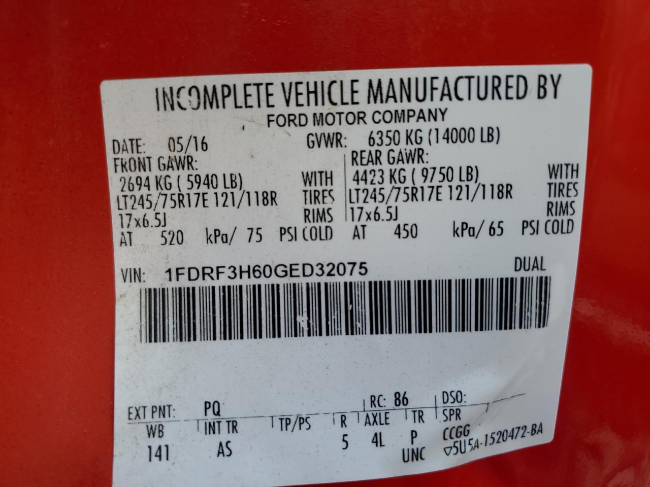 1FDRF3H60GED32075 2016 Ford F350 Super Duty