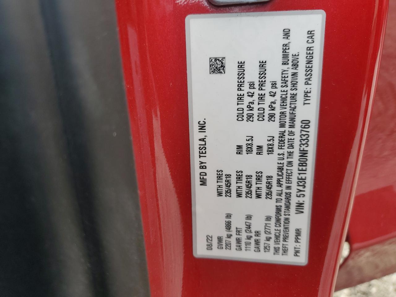 5YJ3E1EB0NF333760 2022 Tesla Model 3