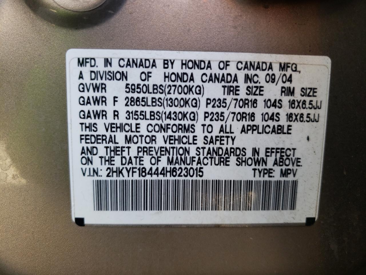 2004 Honda Pilot Ex VIN: 2HKYF18444H623015 Lot: 75771664