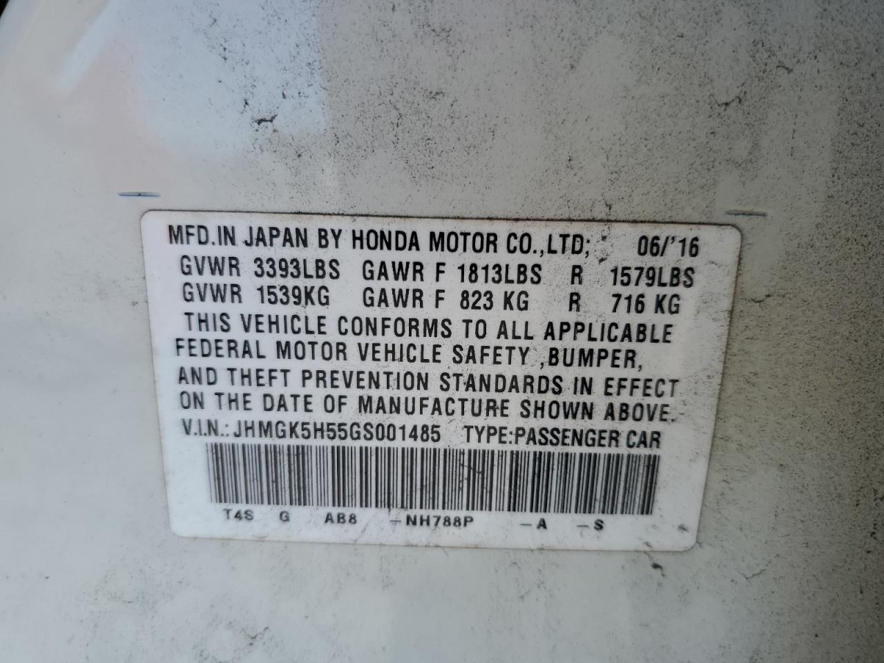 JHMGK5H55GS001485 2016 Honda Fit Lx