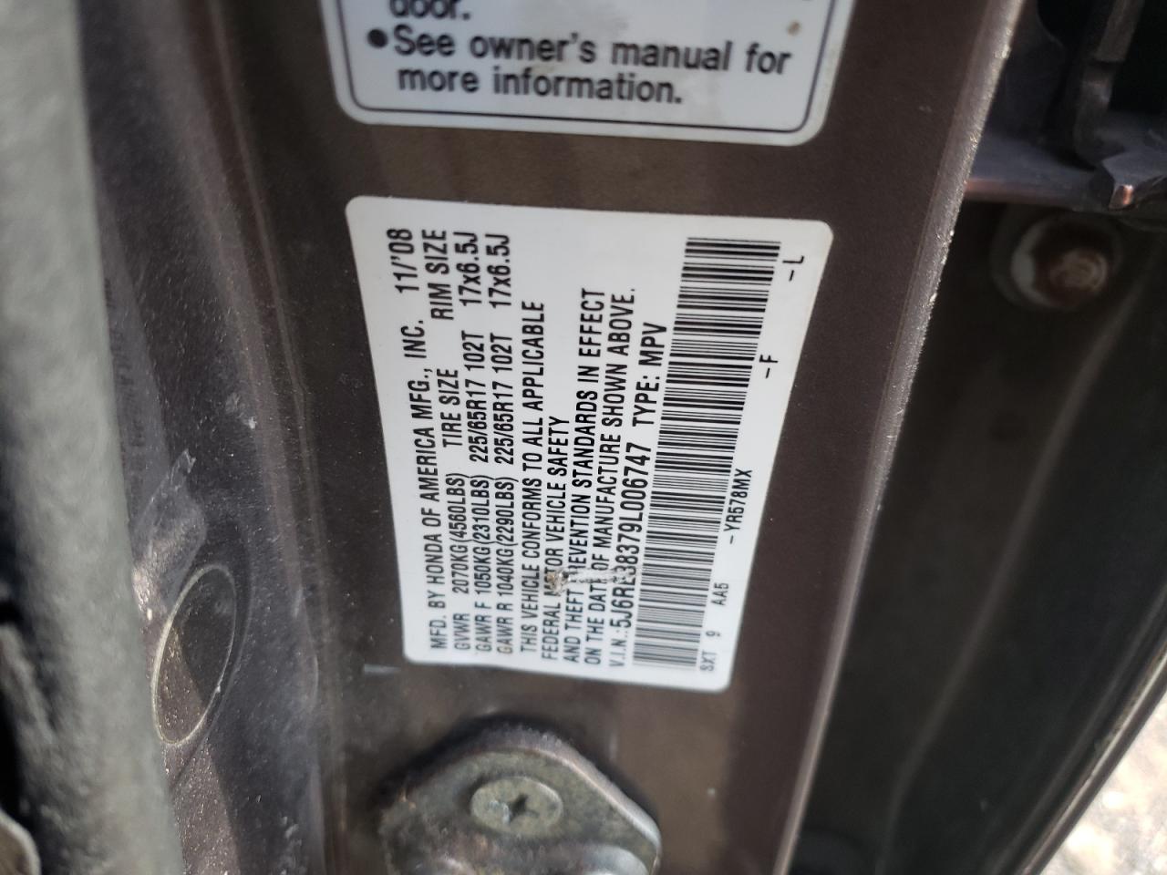 2009 Honda Cr-V Lx VIN: 5J6RE38379L006747 Lot: 77186804