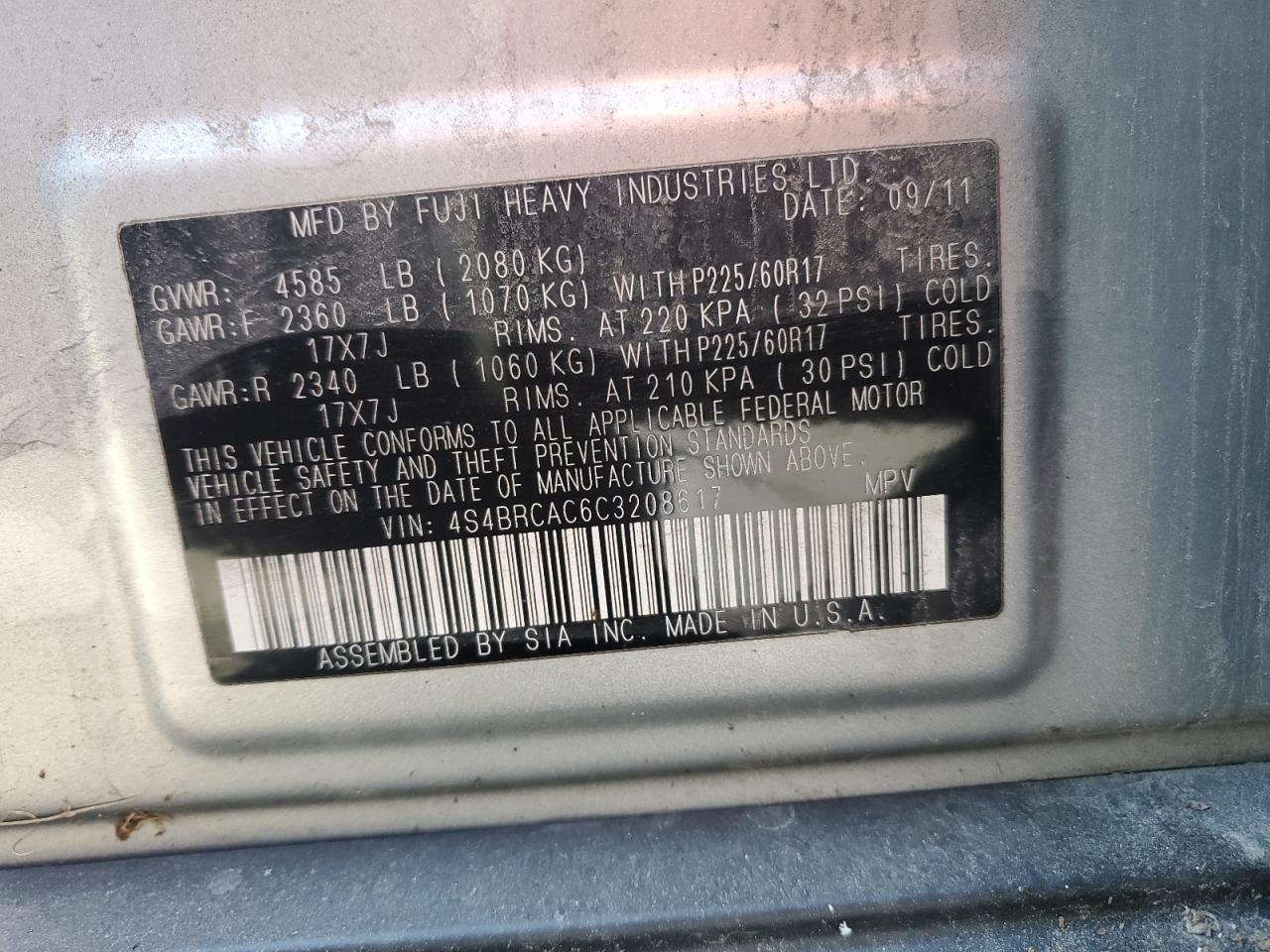 2012 Subaru Outback 2.5I VIN: 4S4BRCAC6C3208617 Lot: 74883944