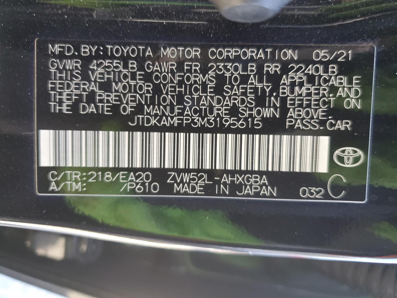 2021 Toyota Prius Prime Le VIN: JTDKAMFP3M3195615 Lot: 77878124