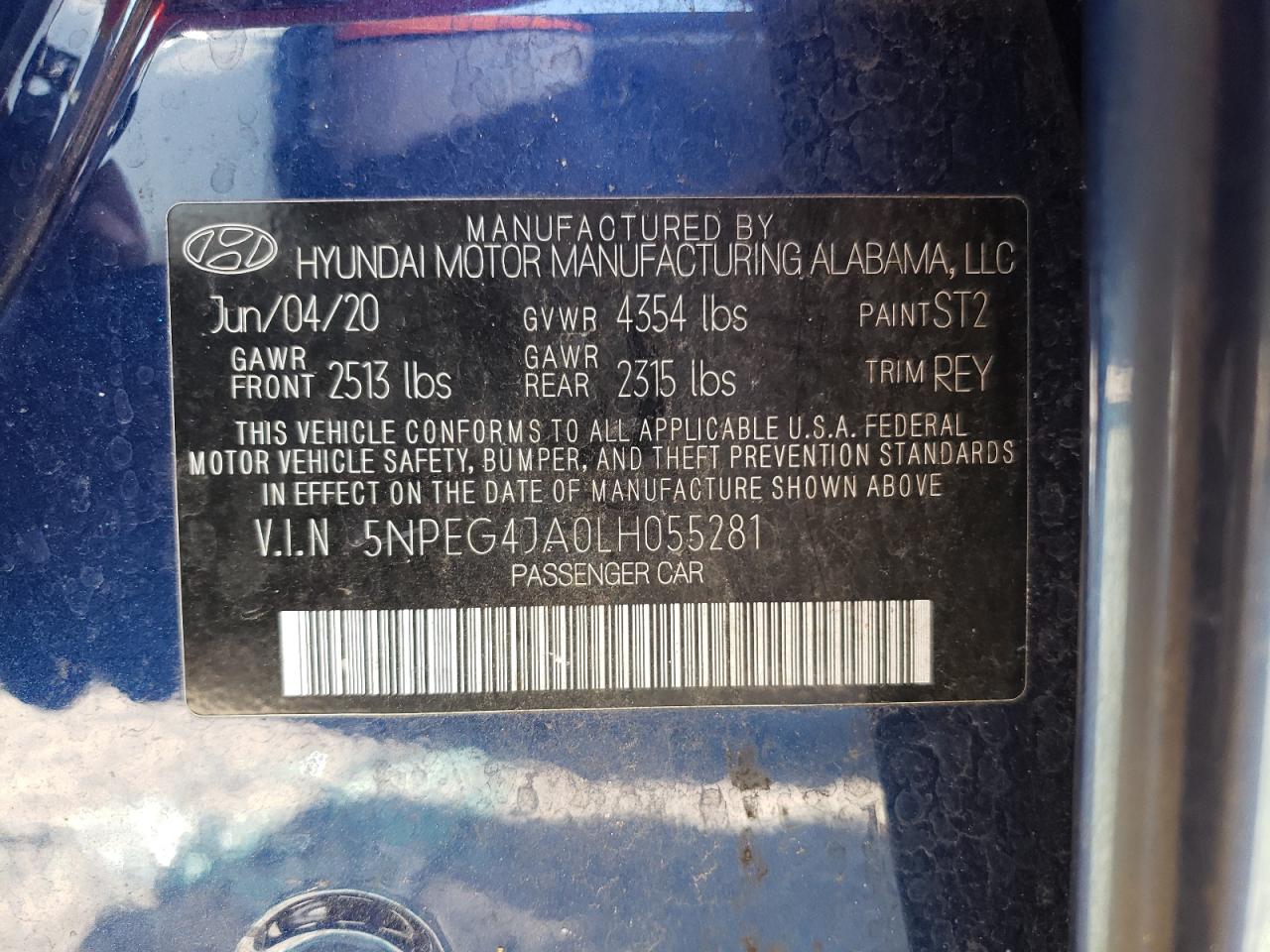 2020 Hyundai Sonata Se VIN: 5NPEG4JA0LH055281 Lot: 76908594