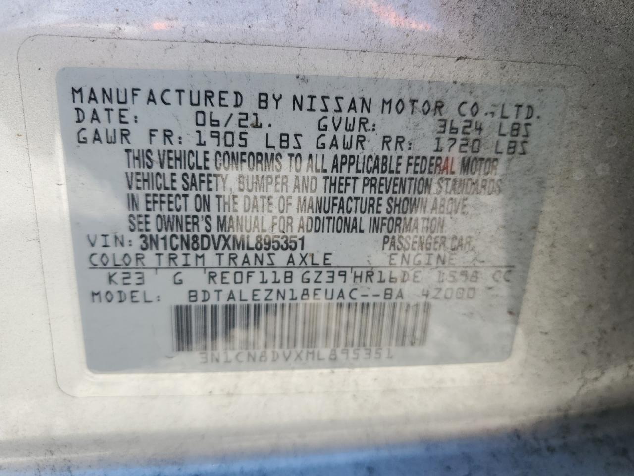 3N1CN8DVXML895351 2021 Nissan Versa S