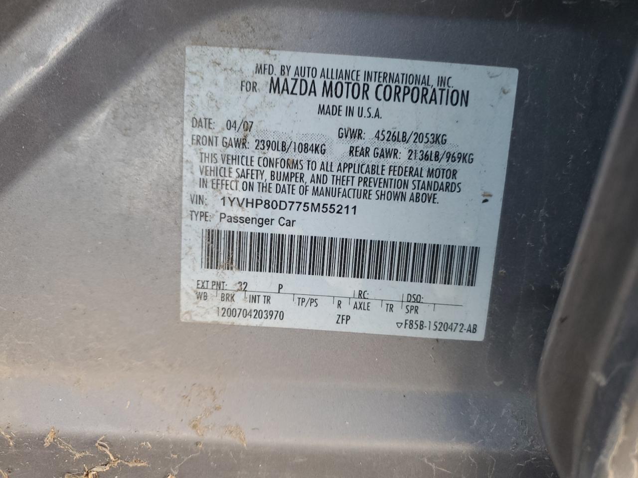 2007 Mazda 6 S VIN: 1YVHP80D775M55211 Lot: 77844624