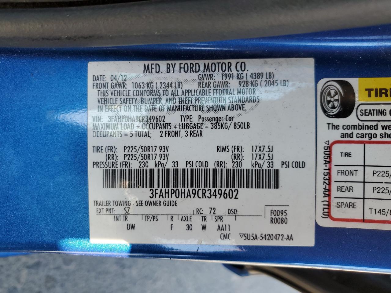 2012 Ford Fusion Se VIN: 3FAHP0HA9CR349602 Lot: 78594334