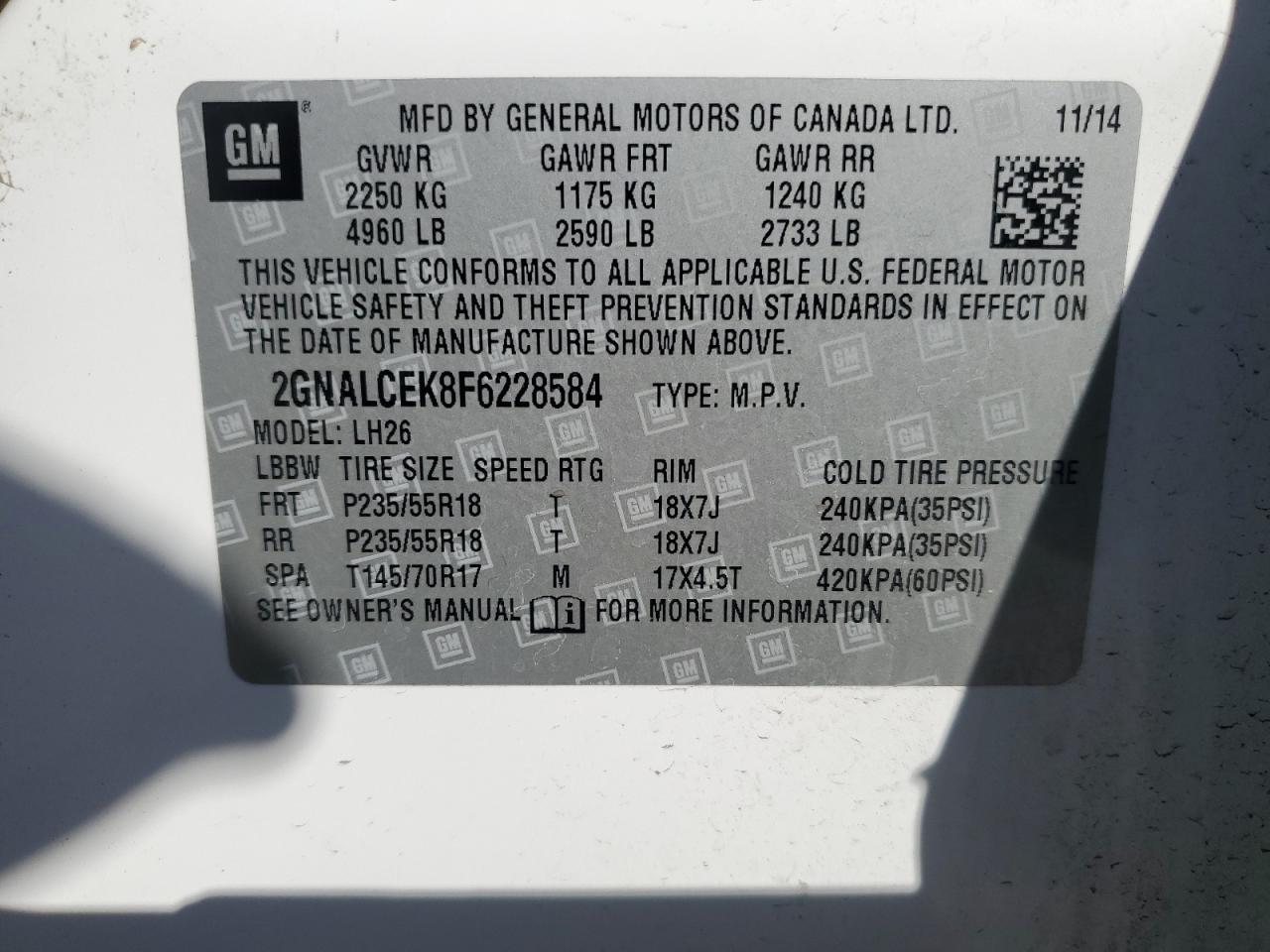 2GNALCEK8F6228584 2015 Chevrolet Equinox Lt