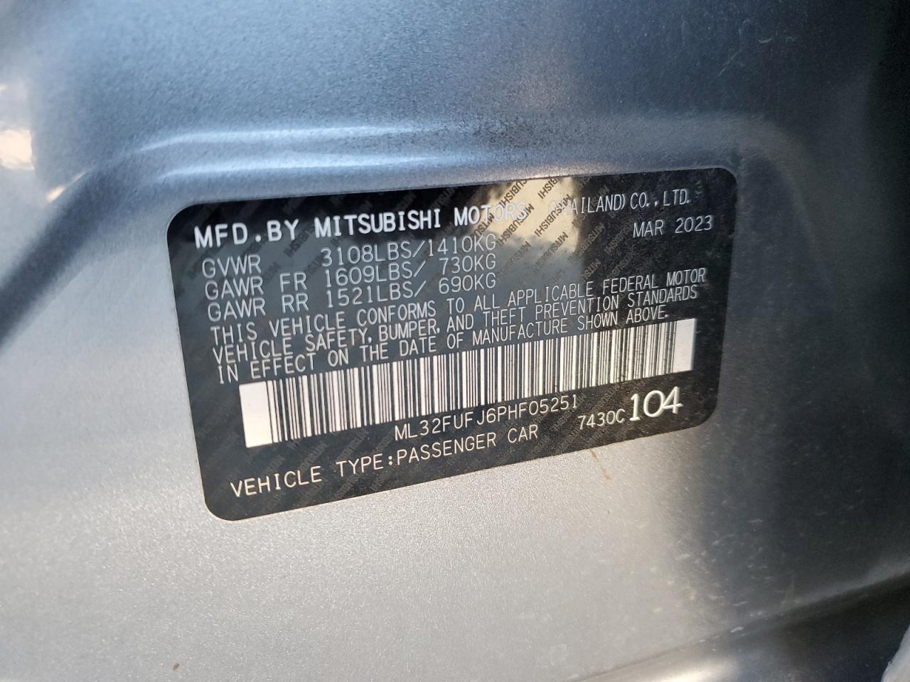 2023 Mitsubishi Mirage G4 Es VIN: ML32FUFJ6PHF05251 Lot: 76198444