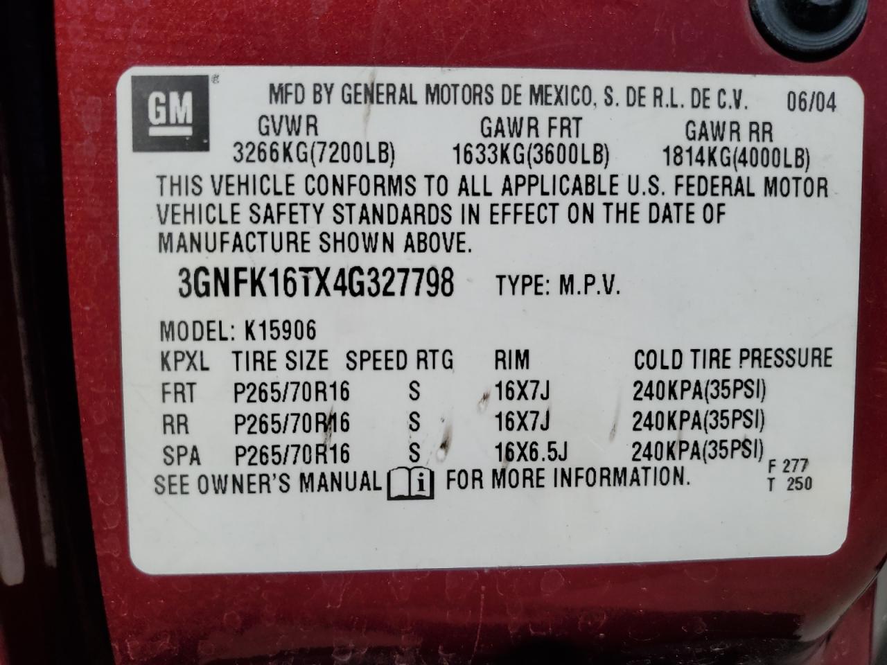 3GNFK16TX4G327798 2004 Chevrolet Suburban K1500