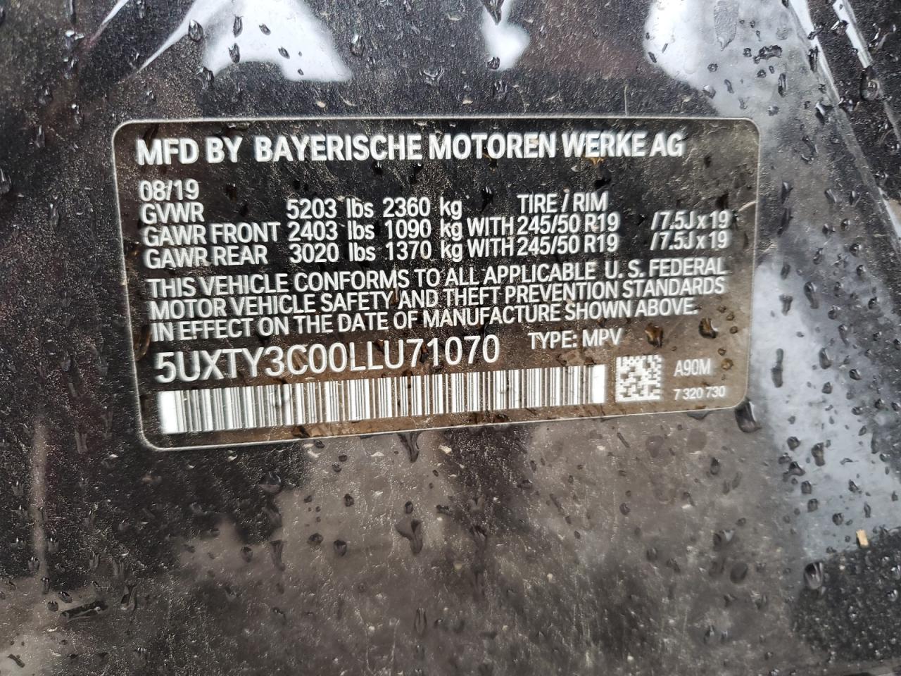 2020 BMW X3 Sdrive30I VIN: 5UXTY3C00LLU71070 Lot: 78142724