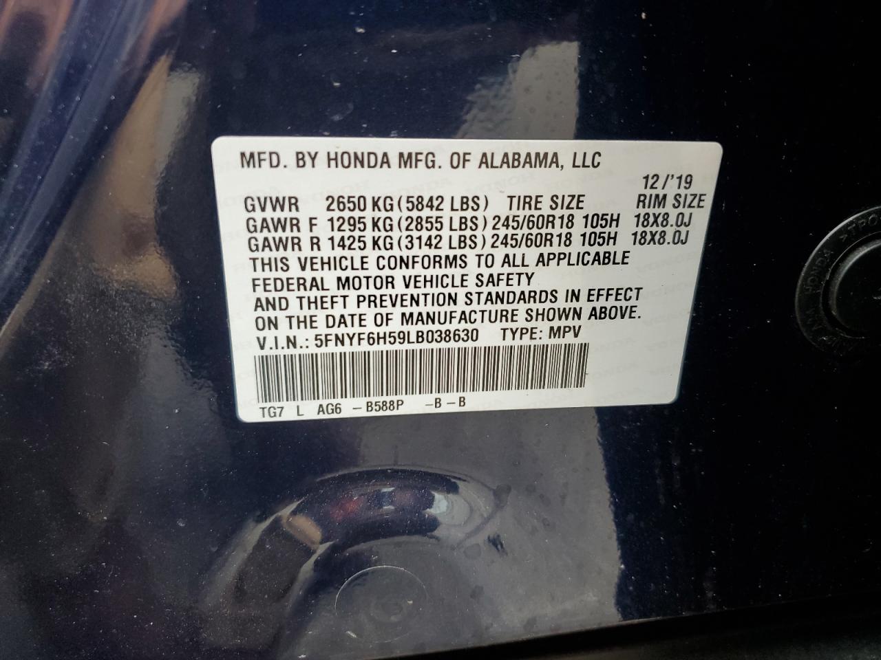 2020 Honda Pilot Exl VIN: 5FNYF6H59LB038630 Lot: 78447664