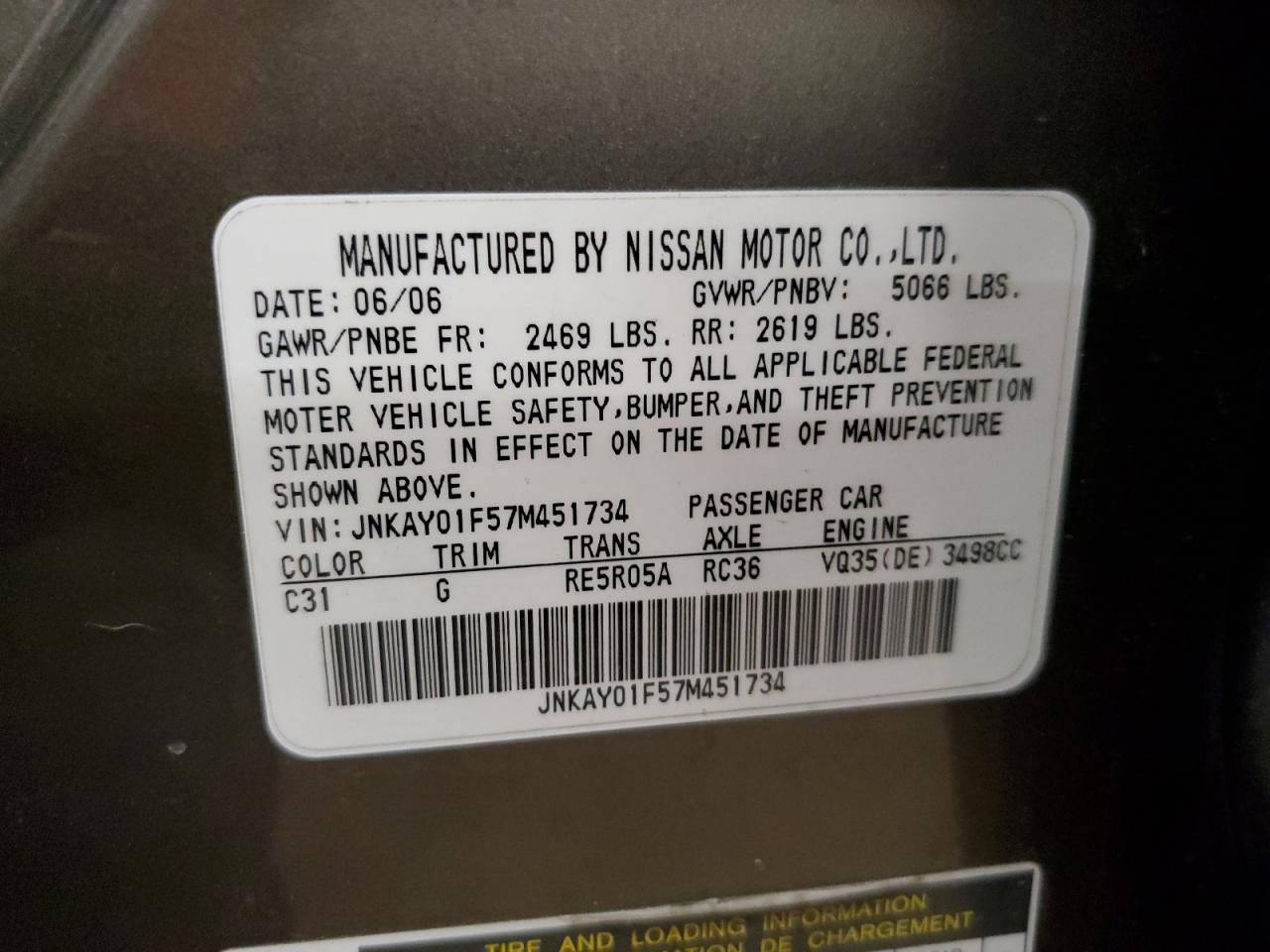 JNKAY01F57M451734 2007 Infiniti M35 Base