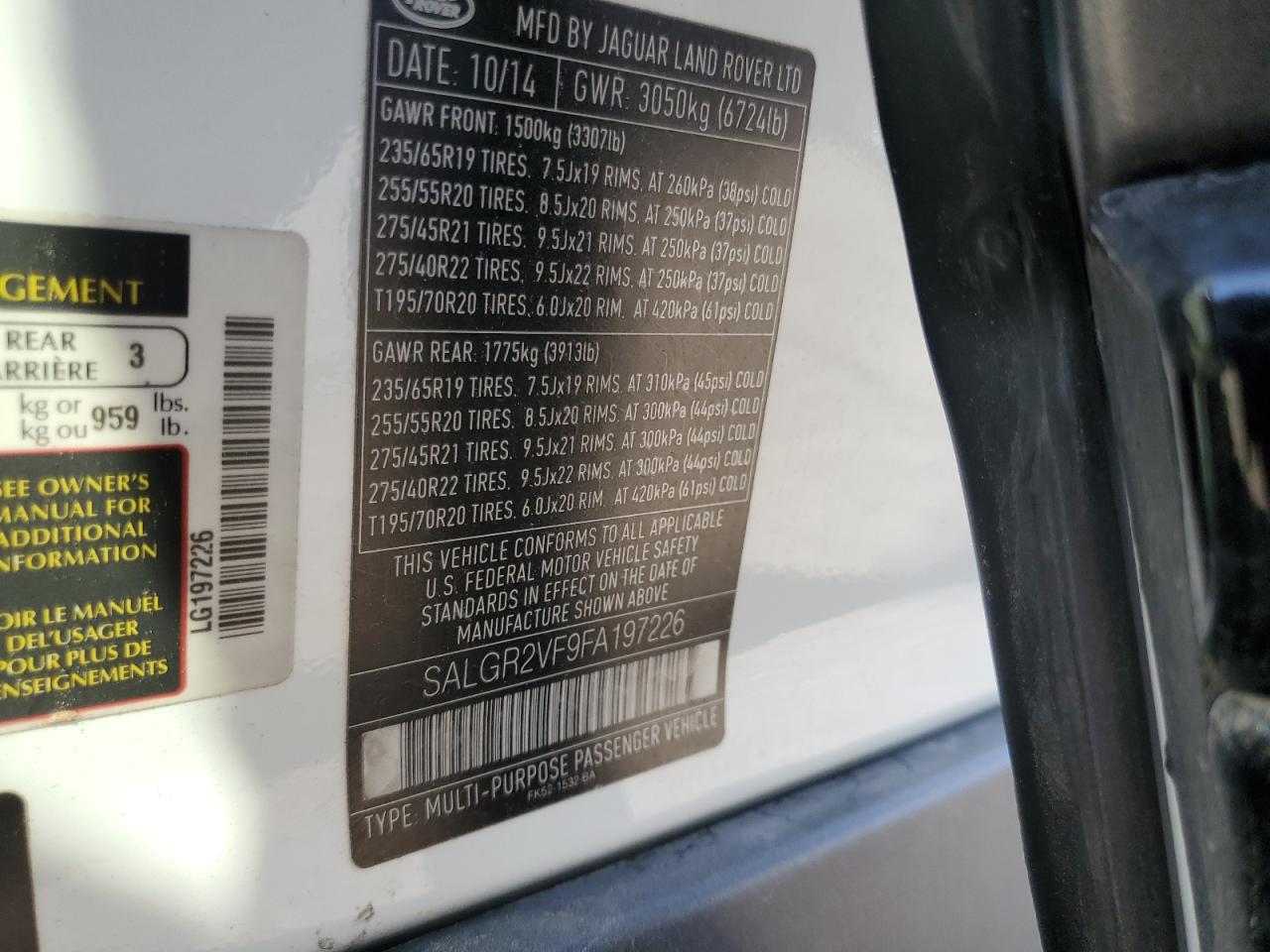 2015 Land Rover Range Rover VIN: SALGR2VF9FA197226 Lot: 75617364