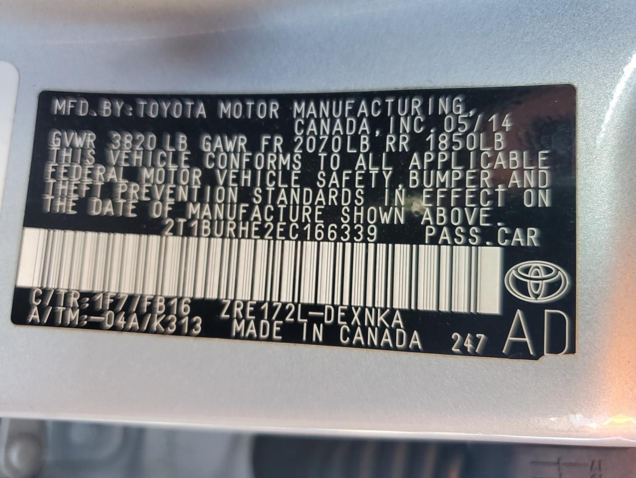 2014 Toyota Corolla L VIN: 2T1BURHE2EC166339 Lot: 77216594