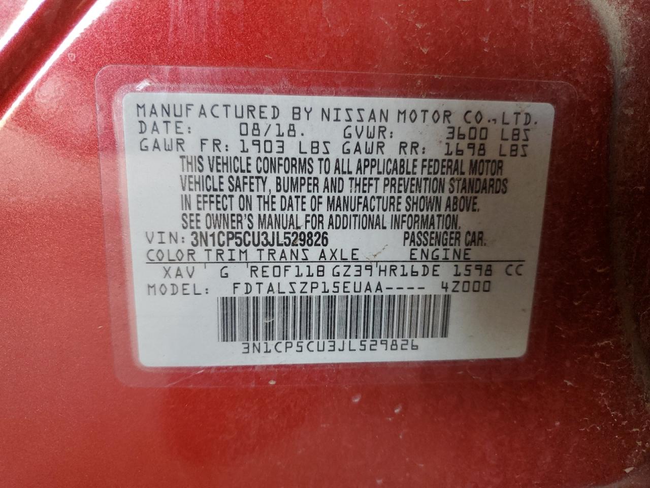 2018 Nissan Kicks S VIN: 3N1CP5CU3JL529826 Lot: 74388444