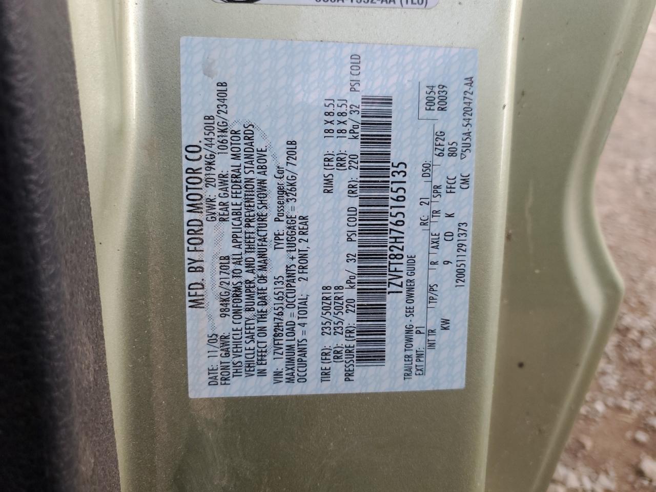 2006 Ford Mustang Gt VIN: 1ZVFT82H765165135 Lot: 75311234