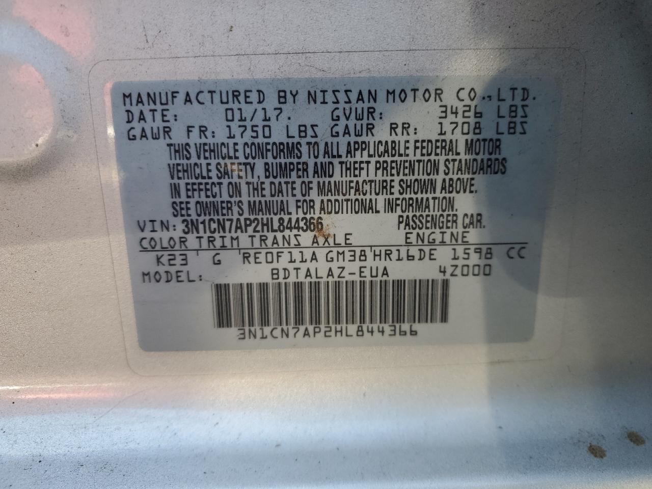 3N1CN7AP2HL844366 2017 Nissan Versa S