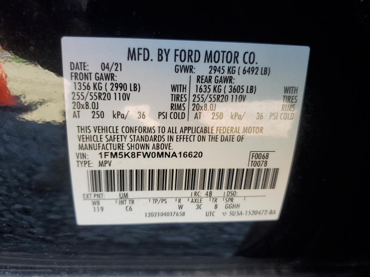 2021 Ford Explorer Limited VIN: 1FM5K8FW0MNA16620 Lot: 74459784