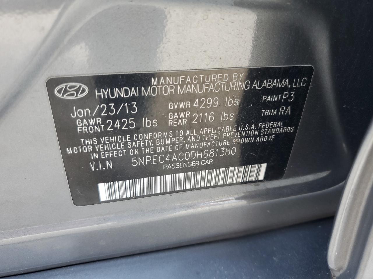 2013 Hyundai Sonata Se VIN: 5NPEC4AC0DH681380 Lot: 77520134