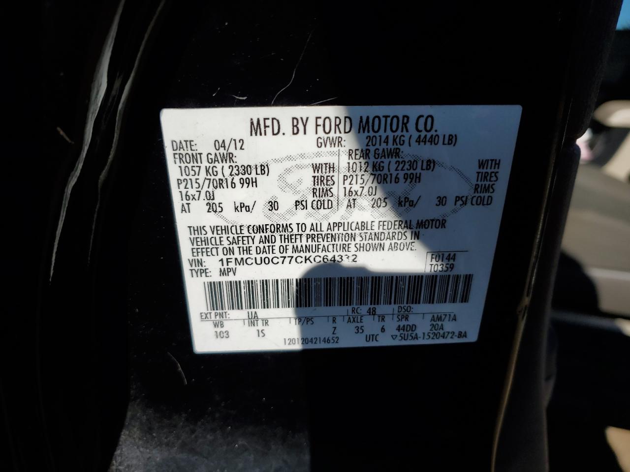 1FMCU0C77CKC64332 2012 Ford Escape Xls