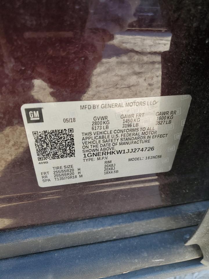 2018 Chevrolet Traverse Lt VIN: 1GNERHKW1JJ274726 Lot: 74603974