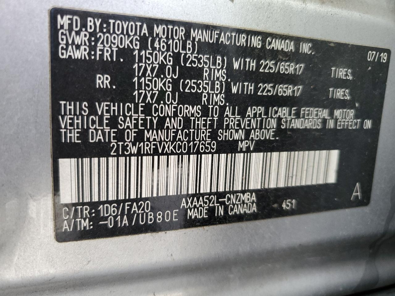 2T3W1RFVXKC017659 2019 Toyota Rav4 Xle