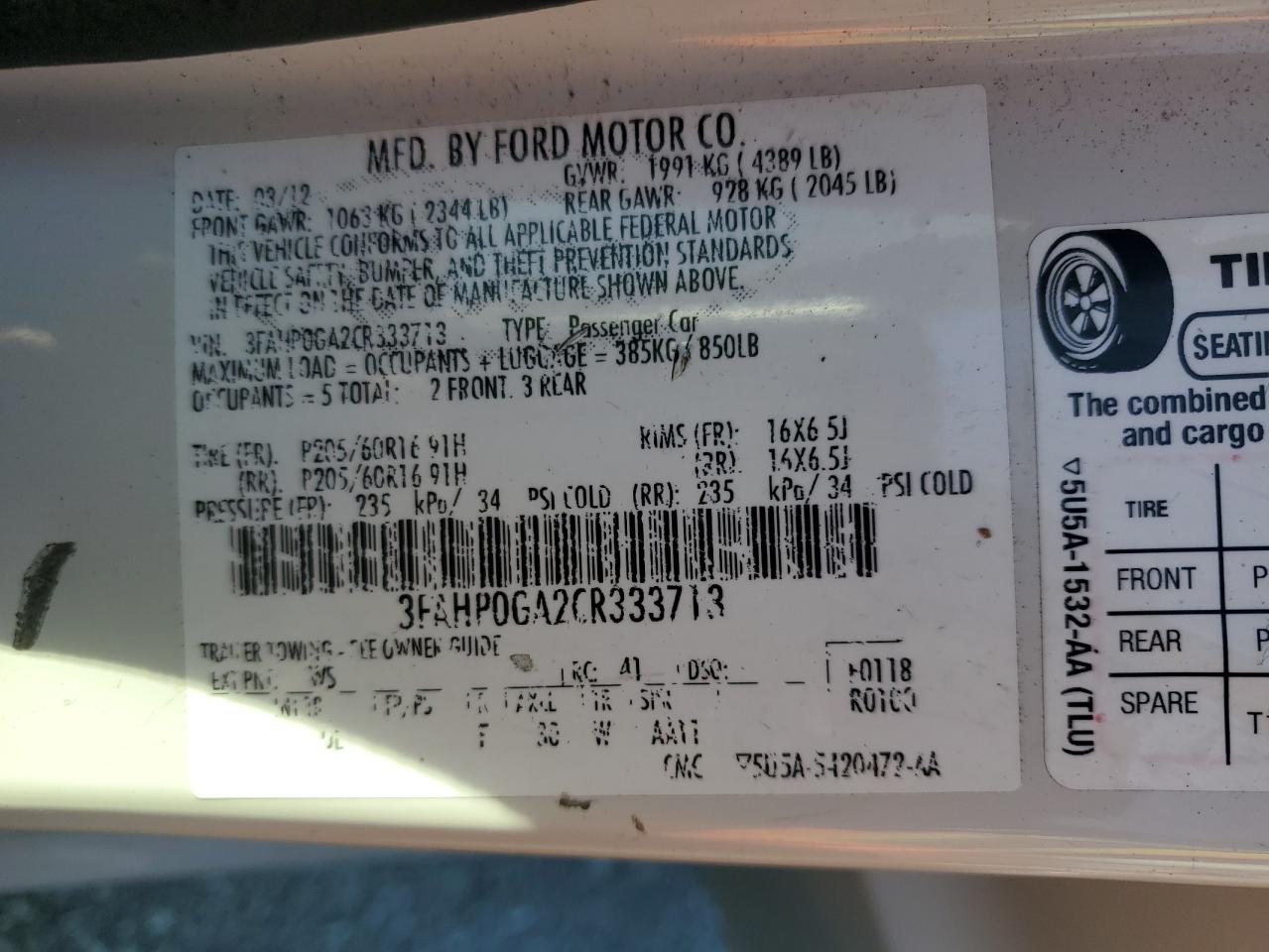 3FAHP0GA2CR333713 2012 Ford Fusion S