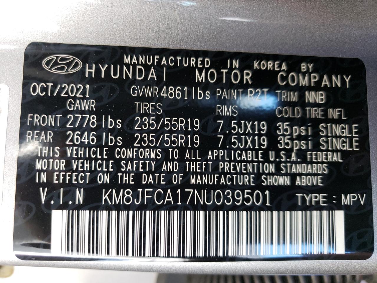 KM8JFCA17NU039501 2022 Hyundai Tucson Sel Convenience