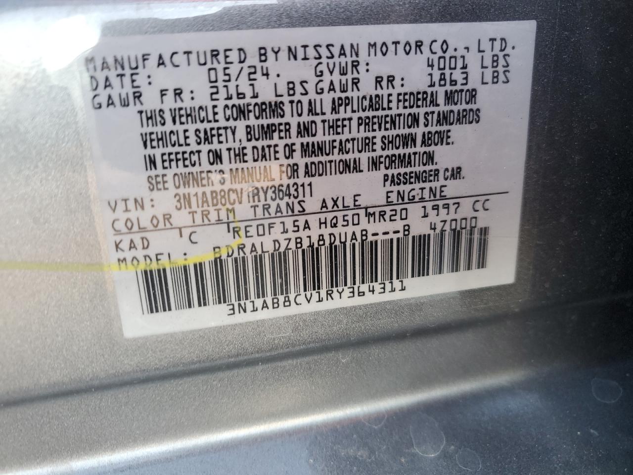 3N1AB8CV1RY364311 2024 Nissan Sentra Sv