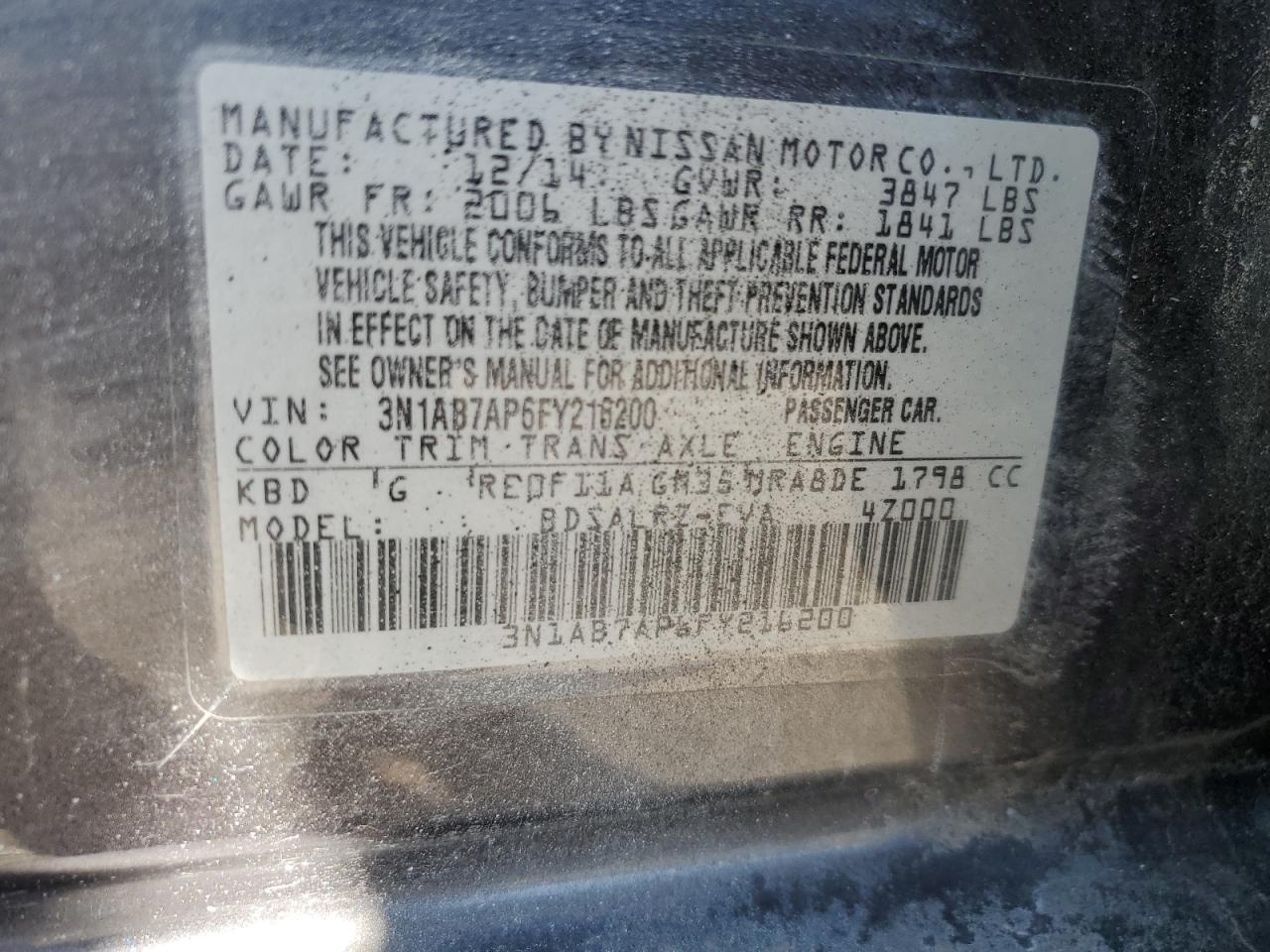 3N1AB7AP6FY216200 2015 Nissan Sentra S