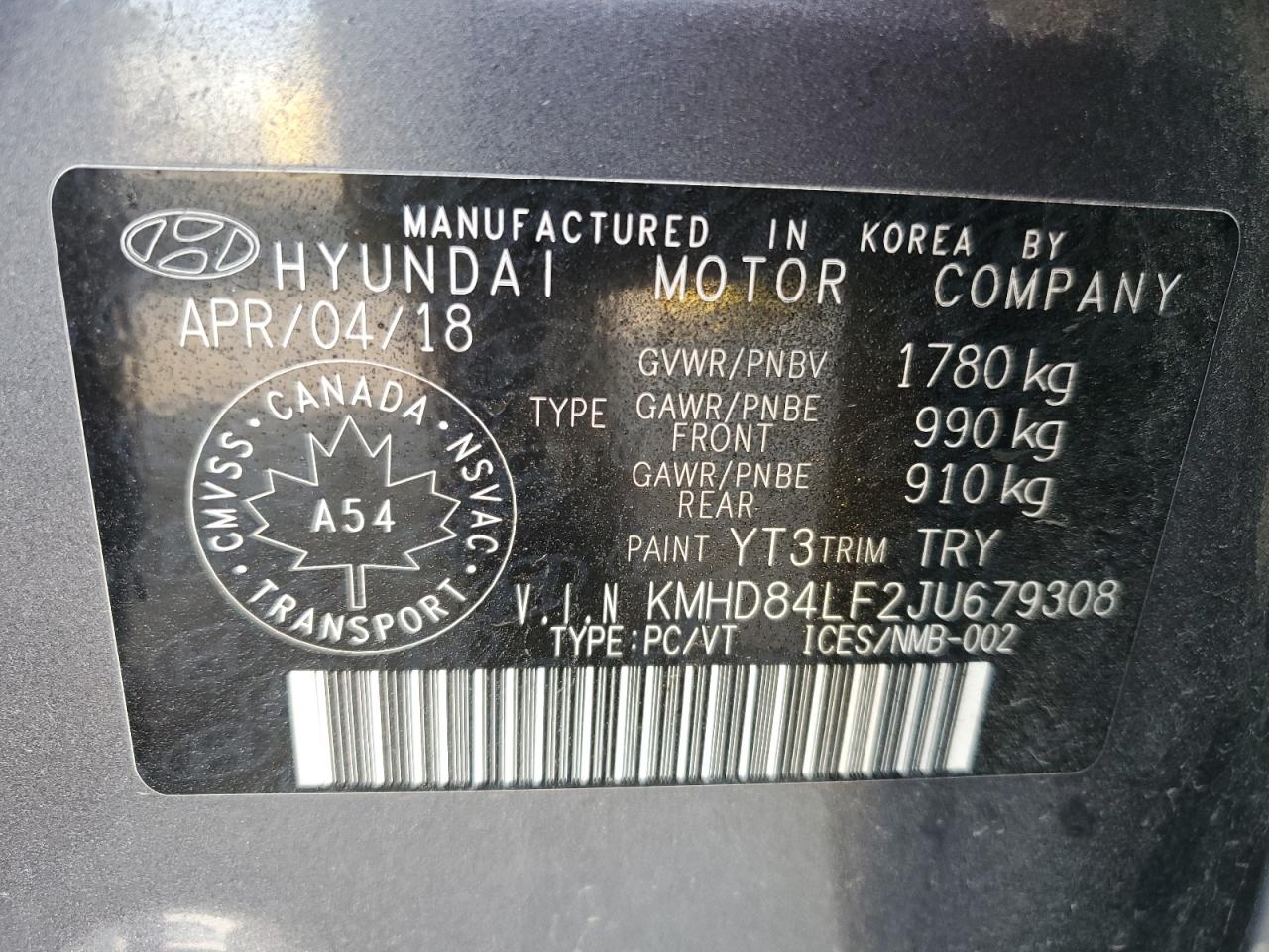 KMHD84LF2JU679308 2018 Hyundai Elantra Sel