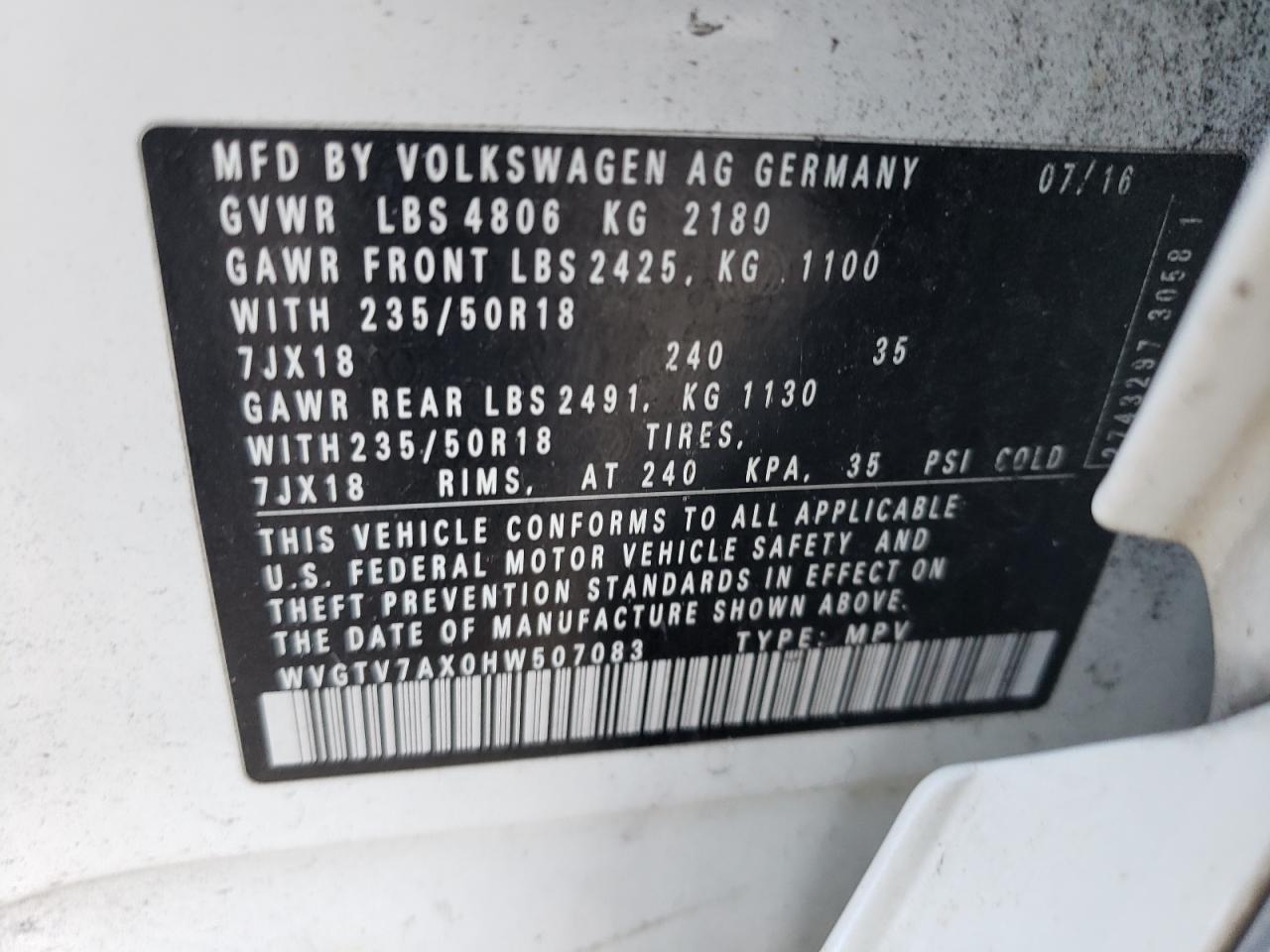 2017 Volkswagen Tiguan Sport VIN: WVGTV7AX0HW507083 Lot: 77841404