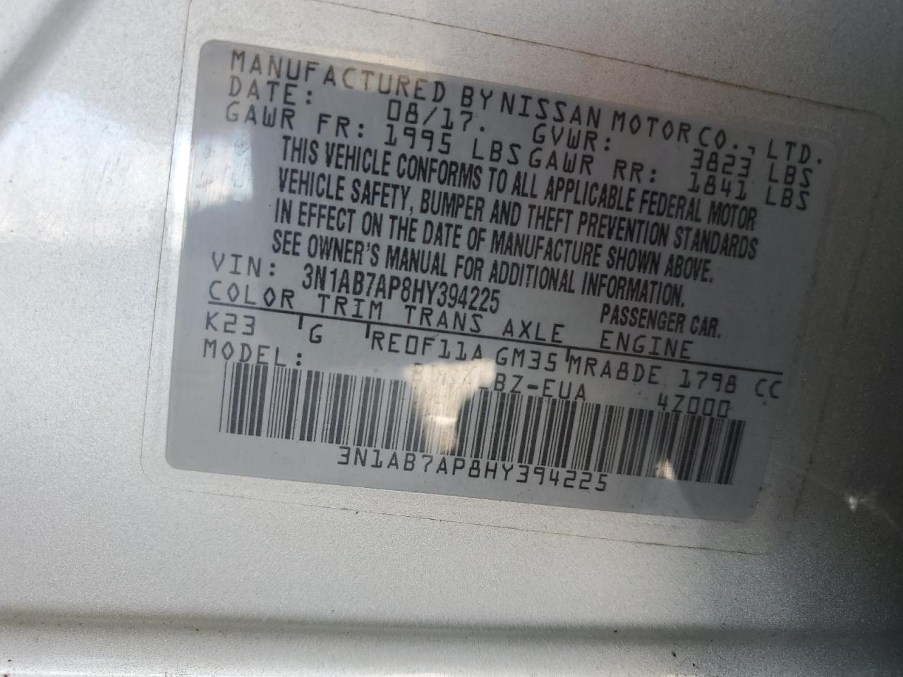 3N1AB7AP8HY394225 2017 Nissan Sentra S