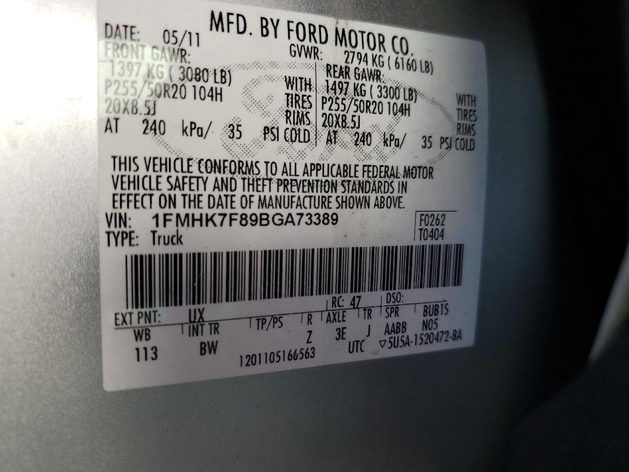 2011 Ford Explorer Limited VIN: 1FMHK7F89BGA73389 Lot: 76971244