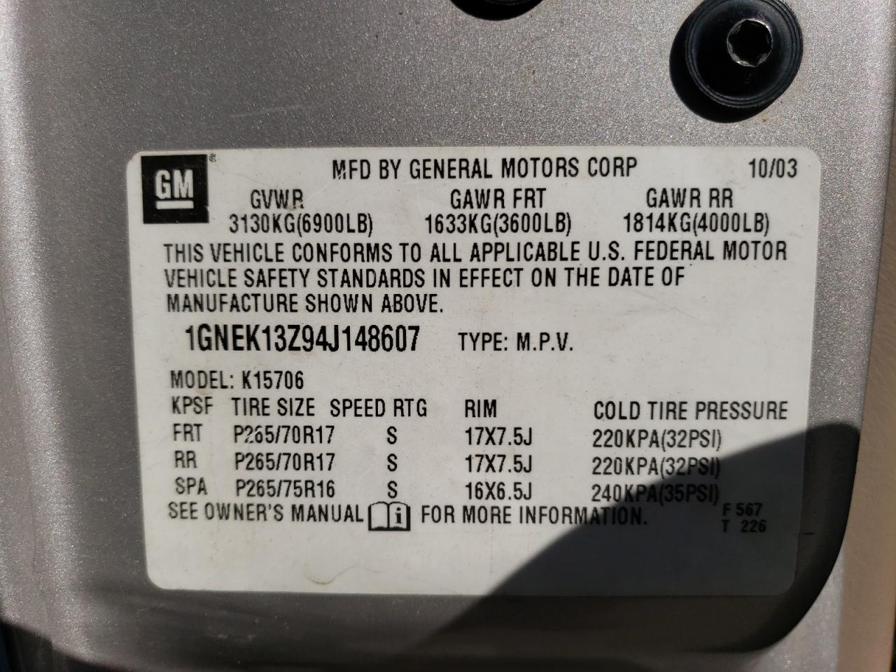 1GNEK13Z94J148607 2004 Chevrolet Tahoe K1500