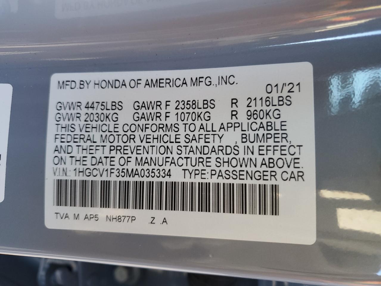 2021 Honda Accord Sport VIN: 1HGCV1F35MA035334 Lot: 75502204