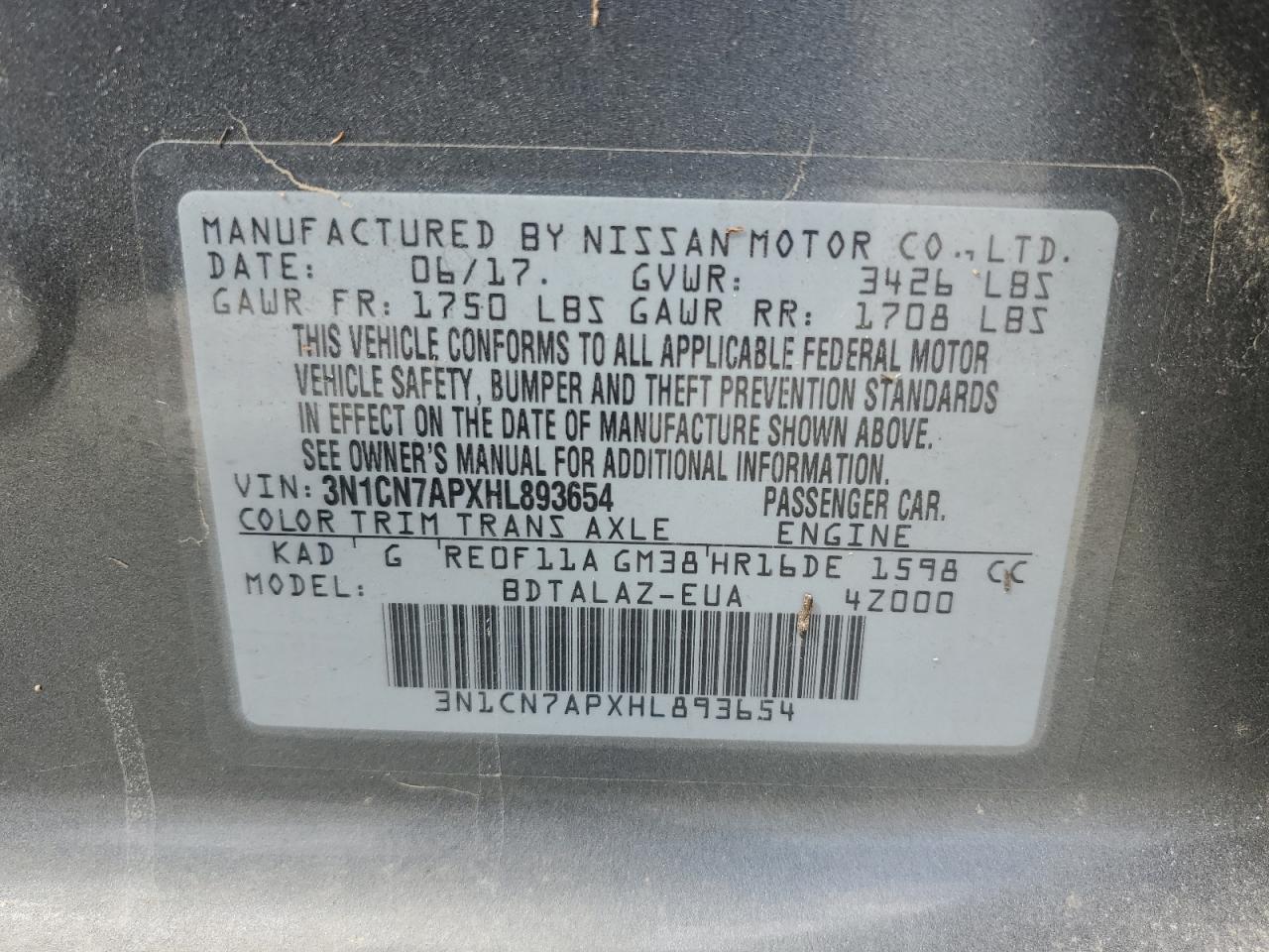 3N1CN7APXHL893654 2017 Nissan Versa S