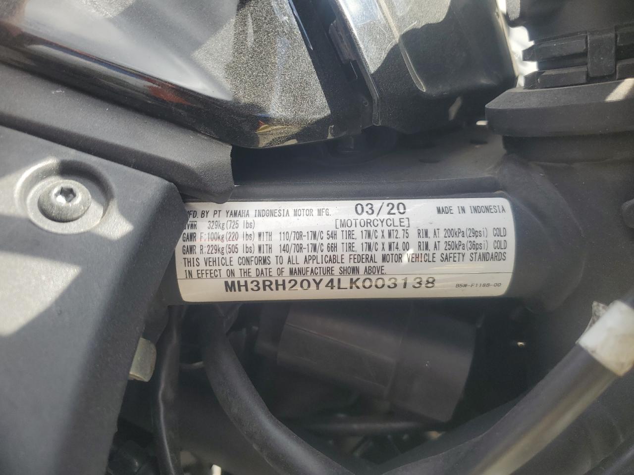 2020 Yamaha Mt-03 VIN: MH3RH20Y4LK003138 Lot: 76363454