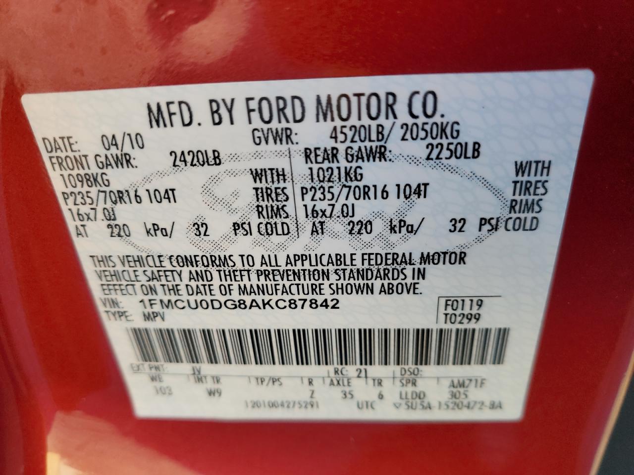 1FMCU0DG8AKC87842 2010 Ford Escape Xlt