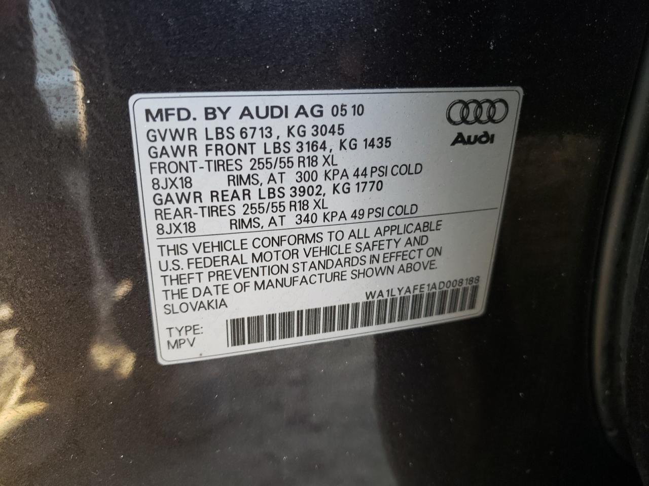 2010 Audi Q7 Premium Plus VIN: WA1LYAFE1AD008188 Lot: 78379784