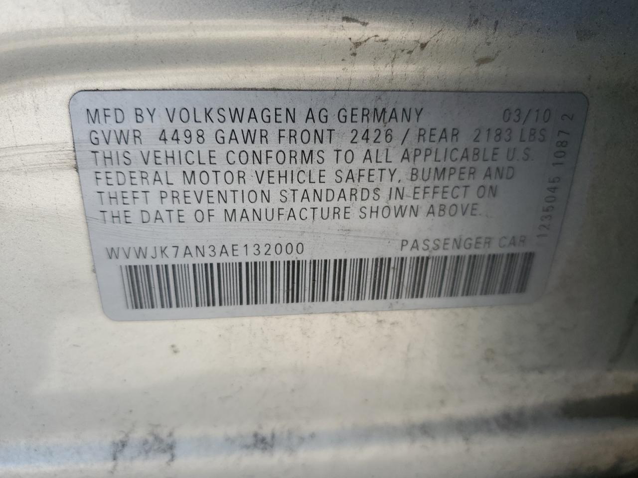 2010 Volkswagen Passat Komfort VIN: WVWJK7AN3AE132000 Lot: 74583674