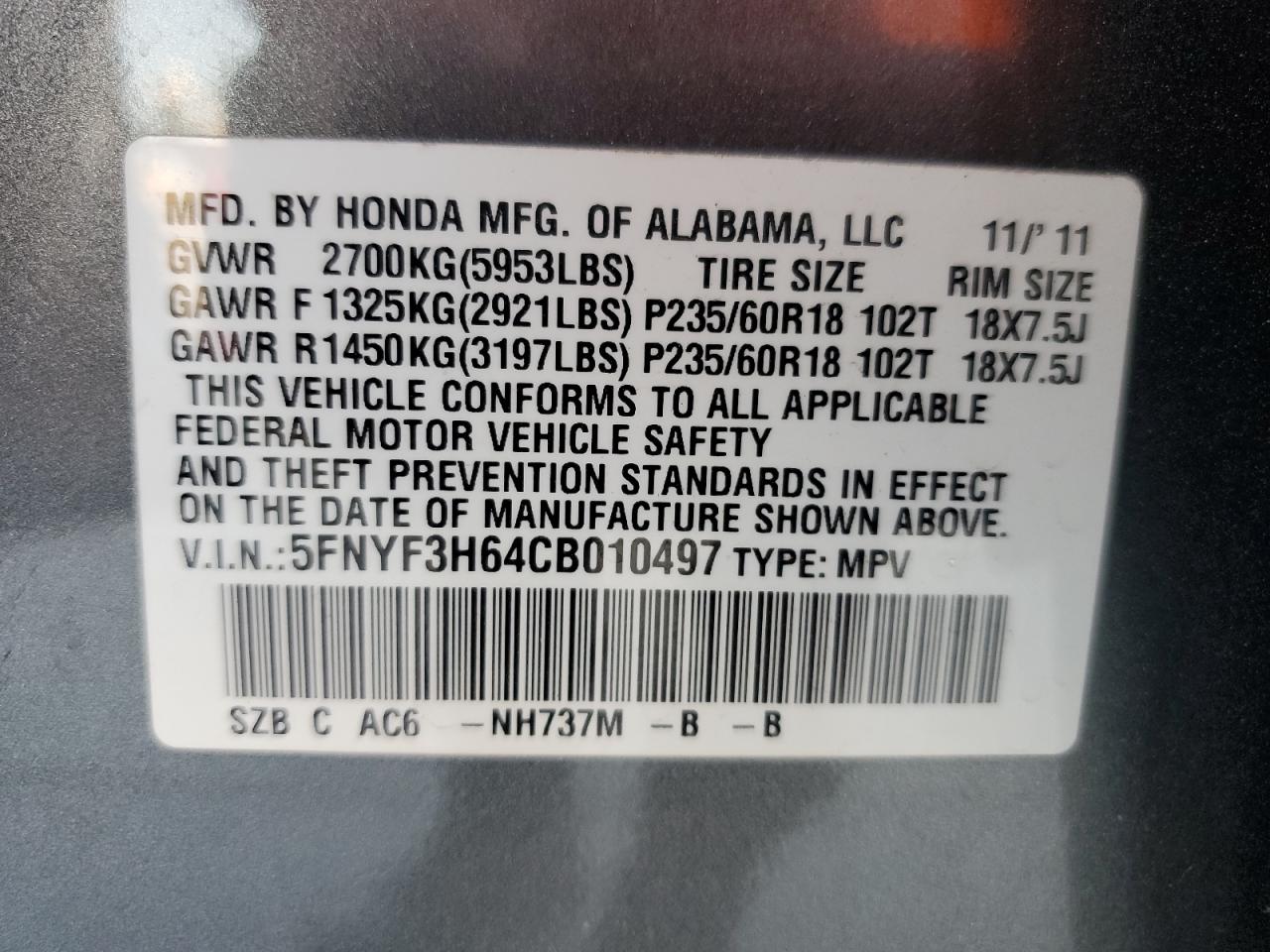 5FNYF3H64CB010497 2012 Honda Pilot Exl